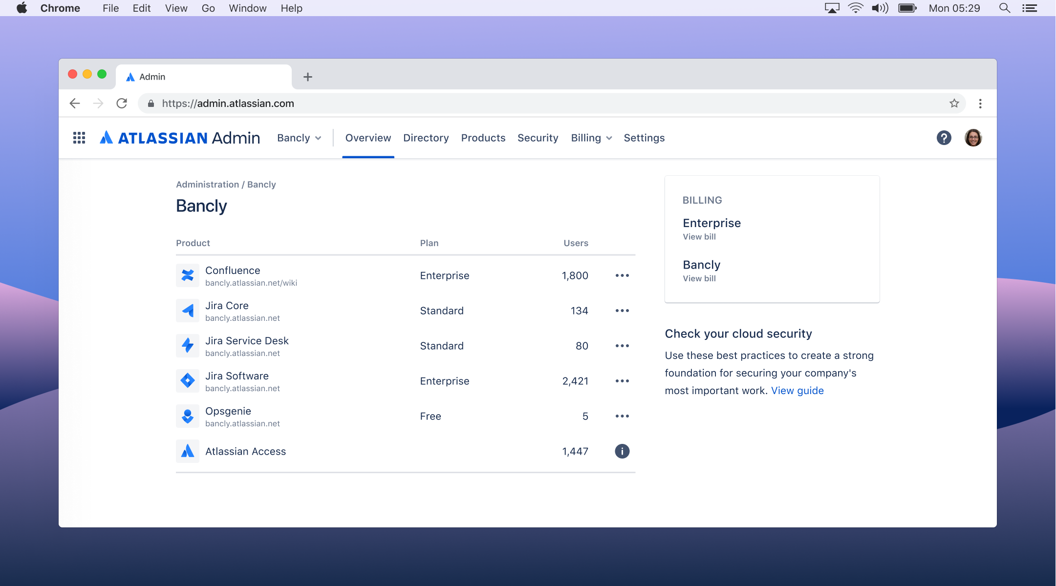 Shows the Atlassian Admin home screen with an organization overview