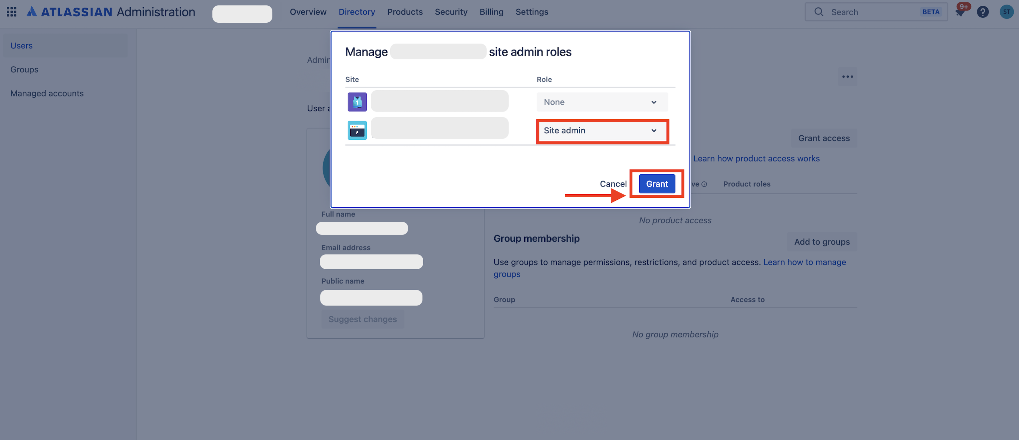 Screenshot showing the confirmation modal for assigning the Site admin role to a user. There is a button called 'Grant' that is clicked to confirm 