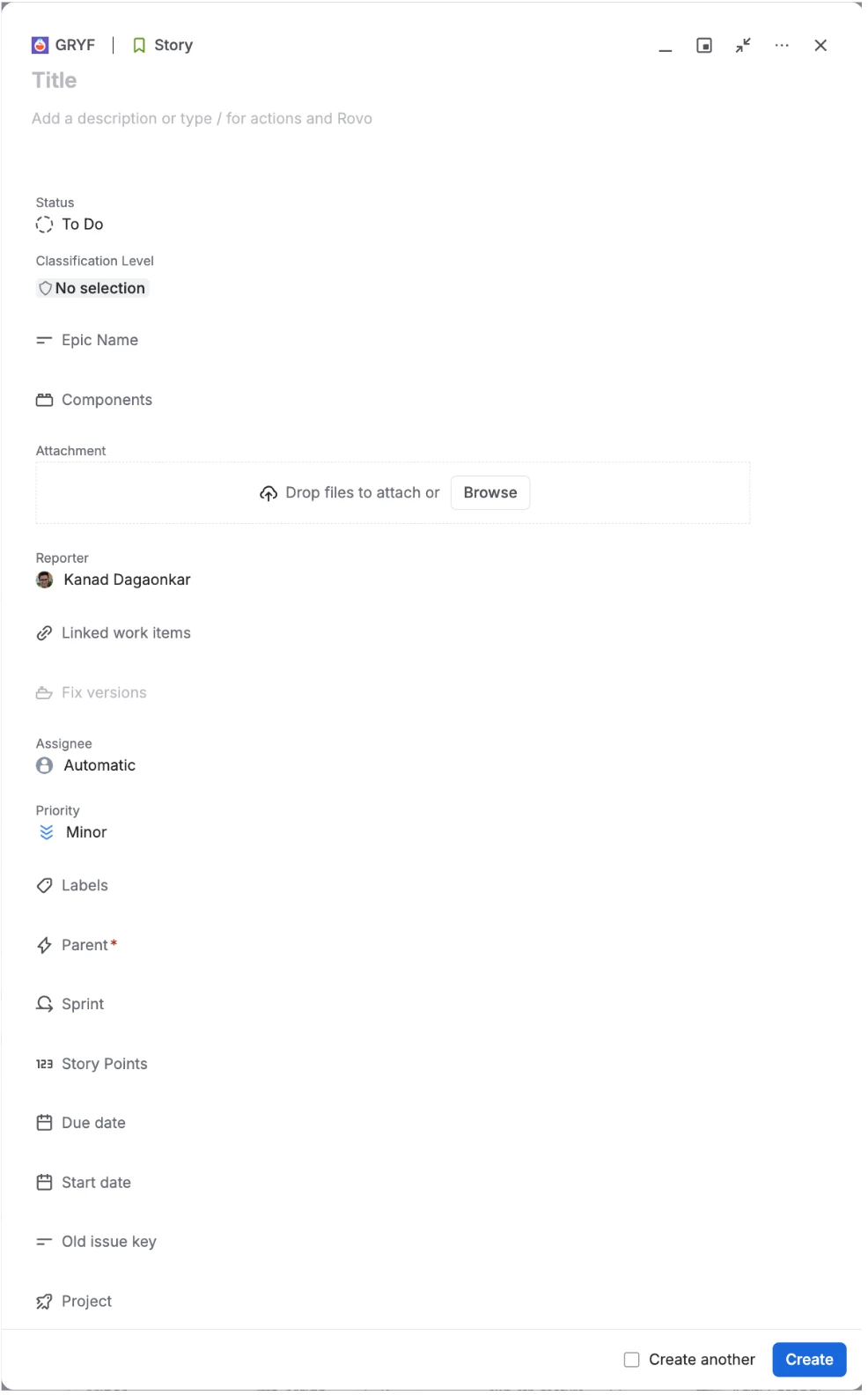 The full form used to create a Jira work item
