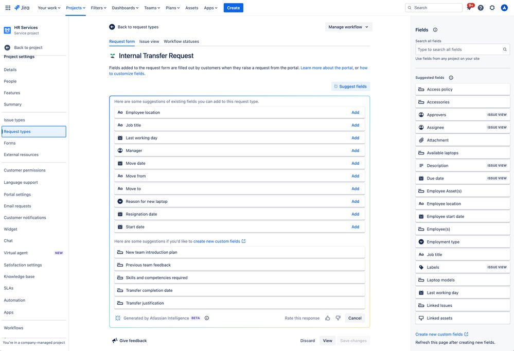 Using Atlassian Intelligence to suggest fields in Jira Service Management.