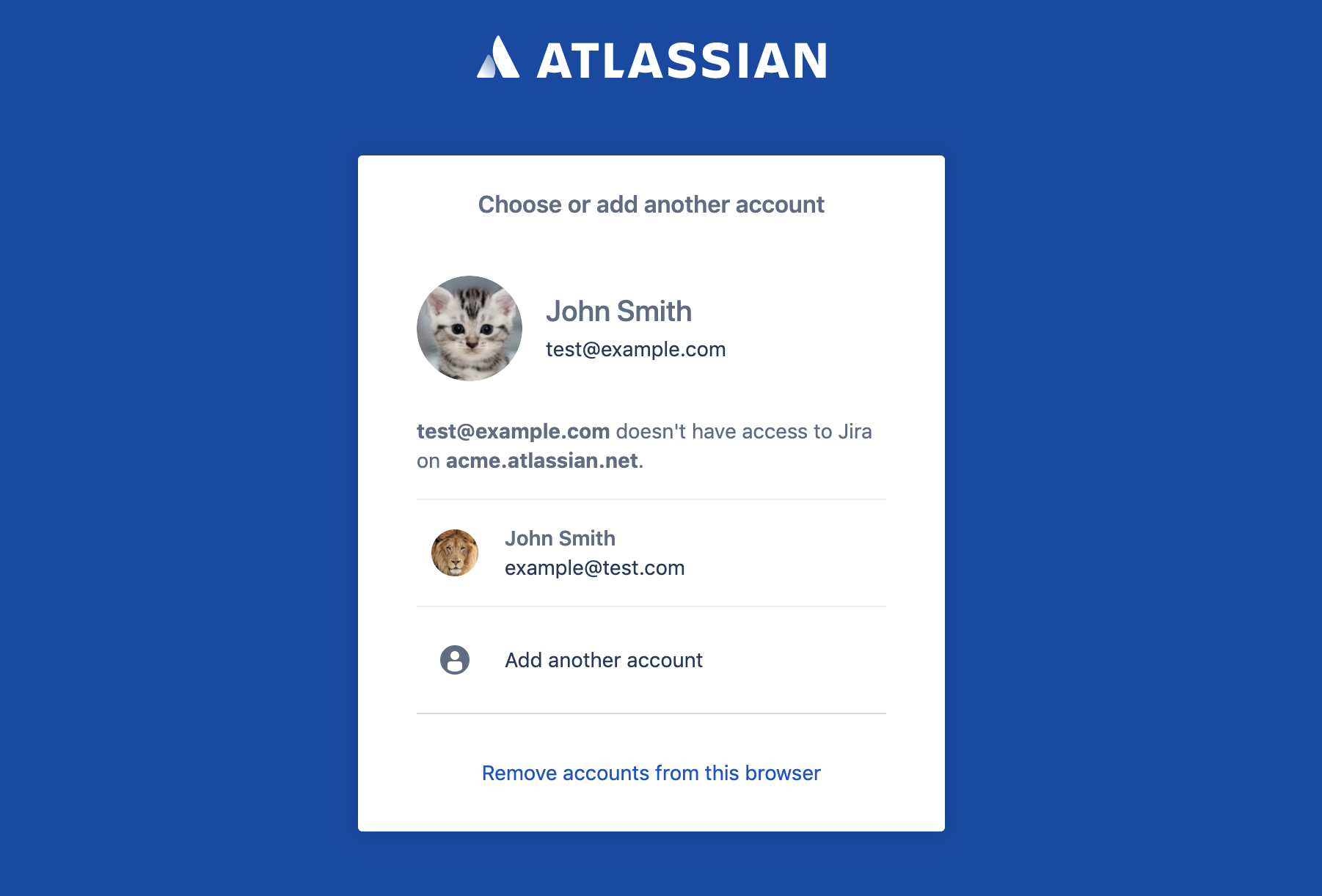 Screenshot of Atlassian login, with option to add another account