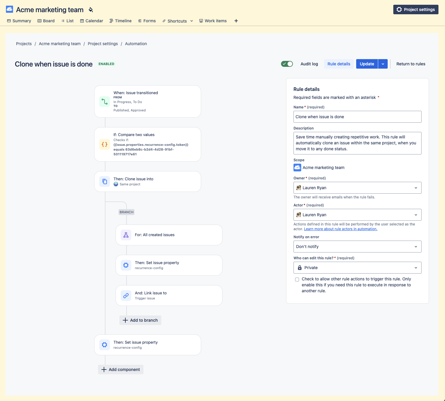 Clone when issue is done automation rule open with components