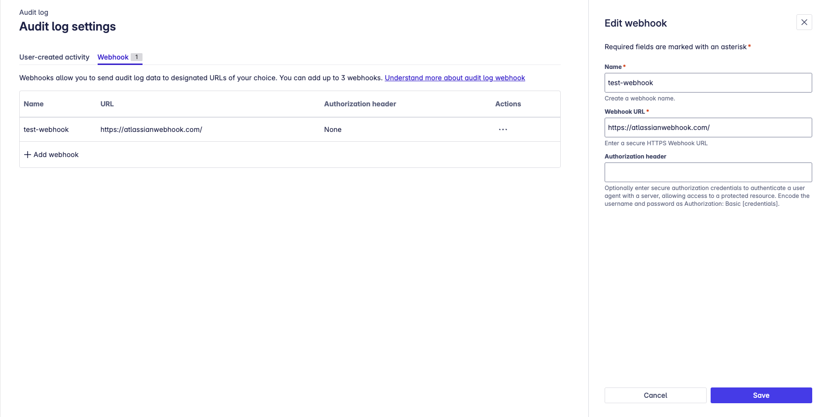 Edit a webhook in audit log in Atlassian Administration
