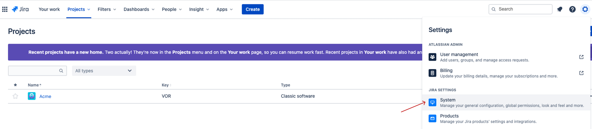 スクリーンショット: Jira ナビゲーション バーの右上から Jira 設定メニューにアクセスする方法