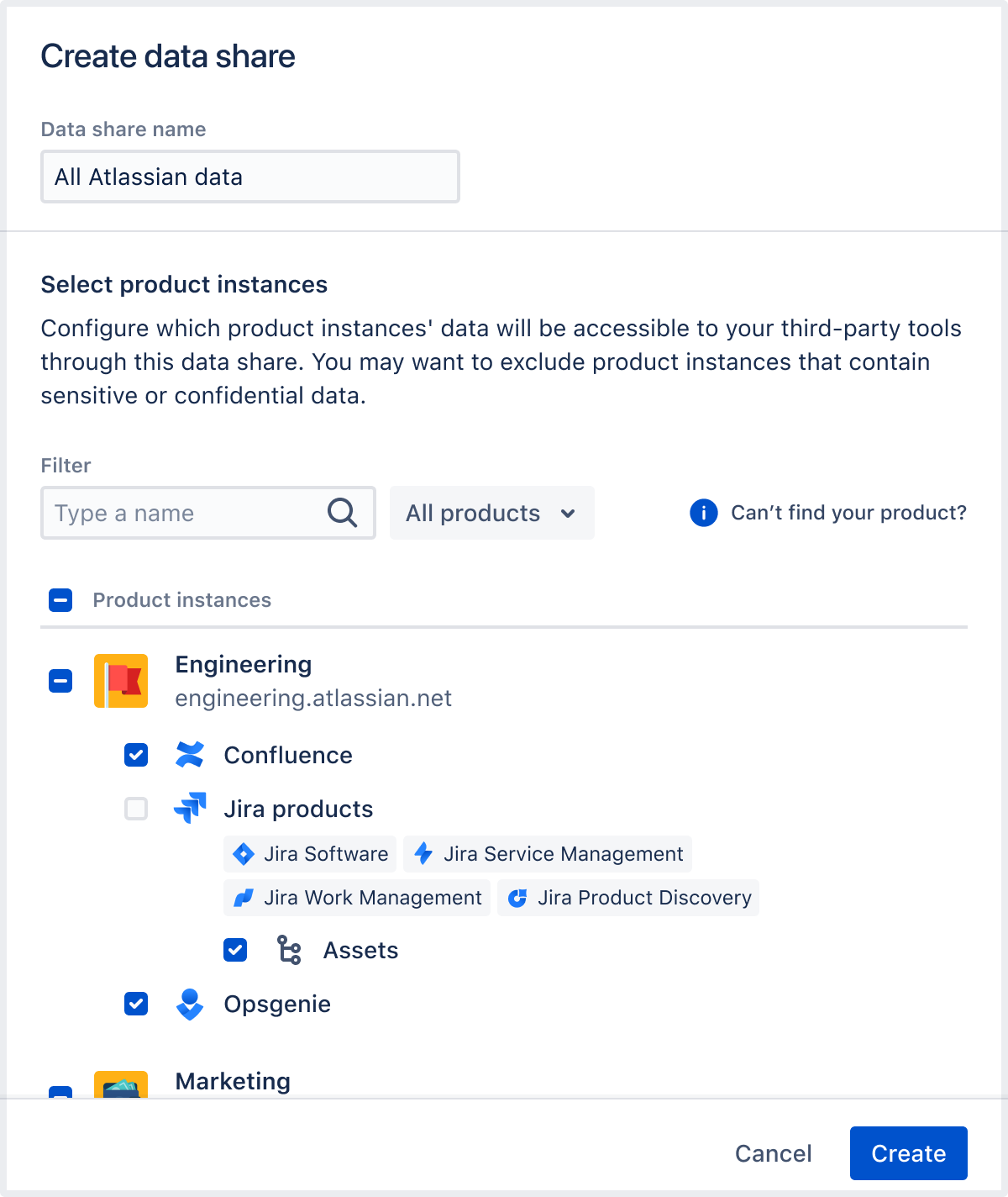 Product selection pop-up for creating a data share with the name "All Atlassian data".