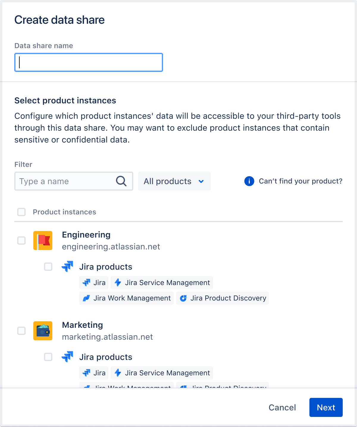 「All Atlassian data」という名前のデータ共有を作成する場合の製品選択のポップアップ。
