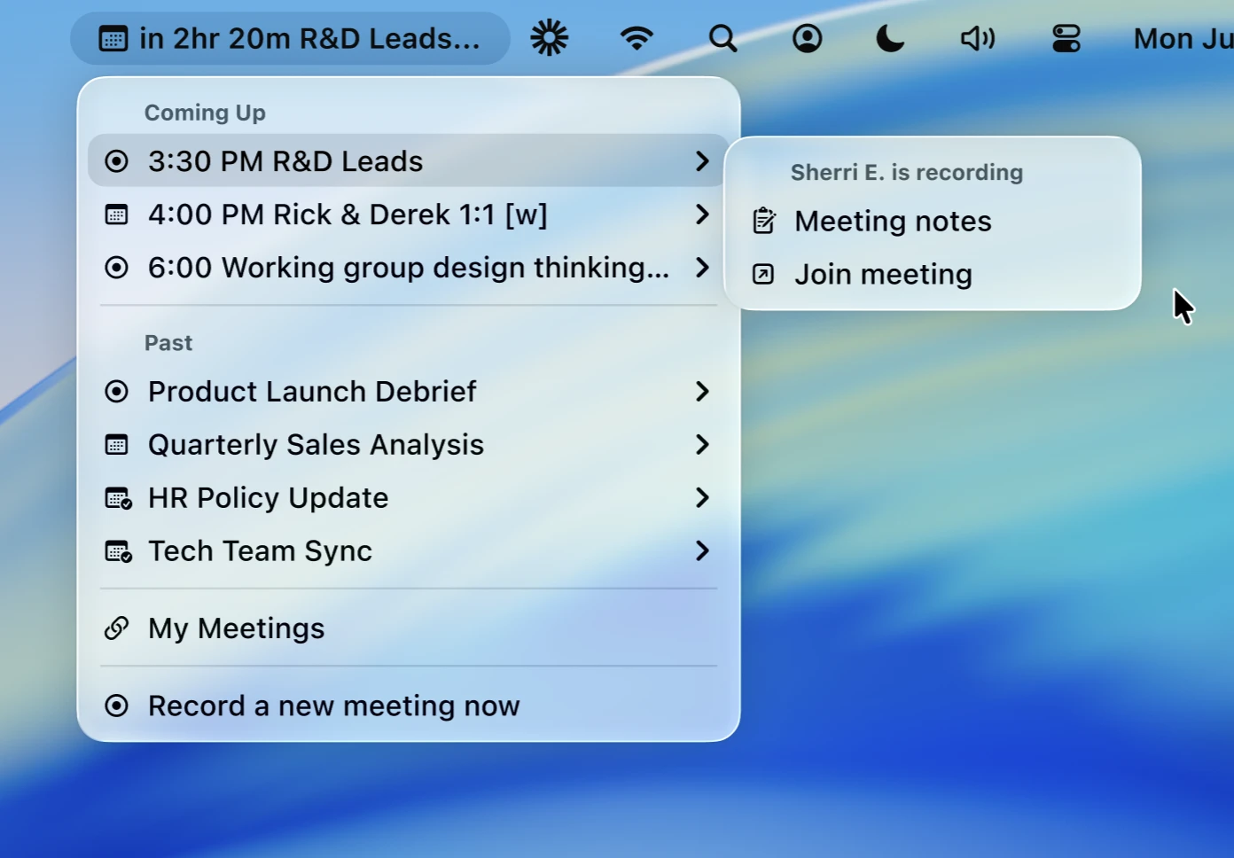 Meetings with recording links can appear in your menu bar if you link your calendar.
