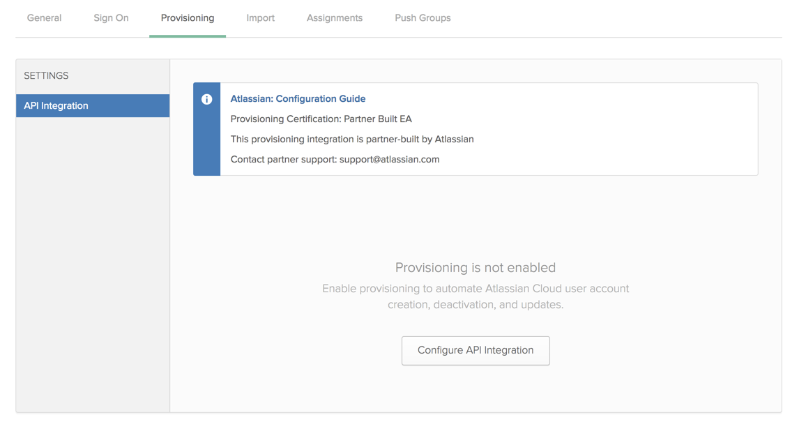 Okta UI with info box called Atlassian: Configuration guide, and a Configure API Integration button..