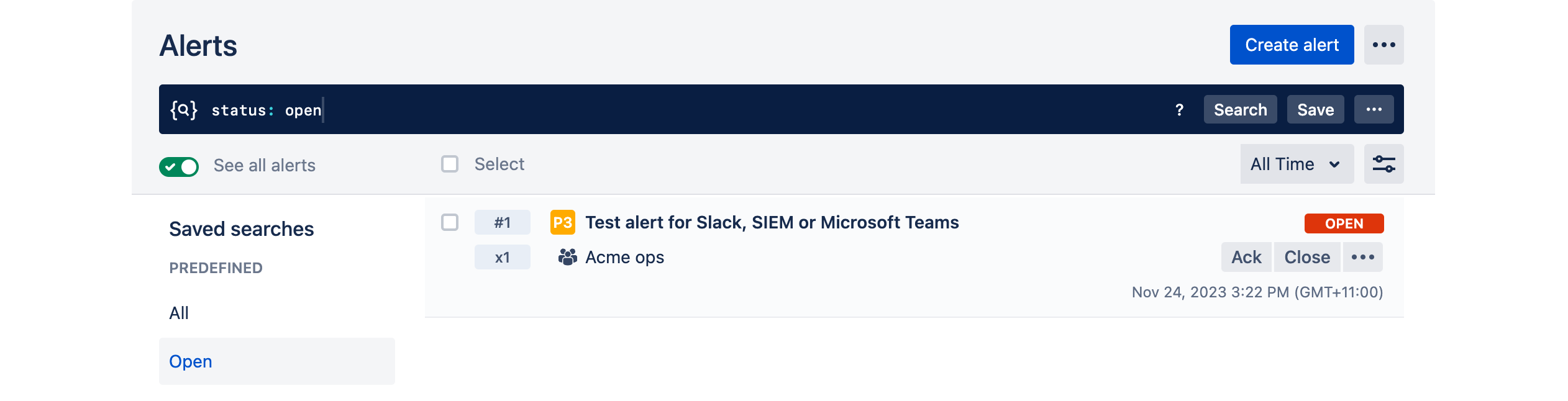 Opsgenie Alerts list showing a test alert