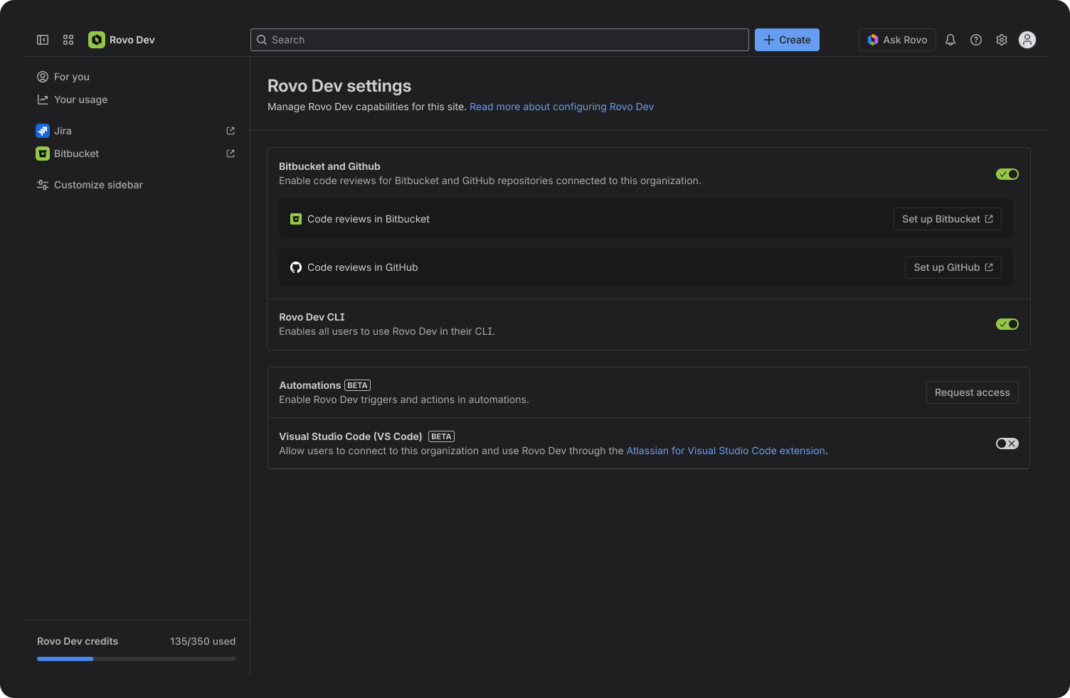 Toggle Rovo Dev features on and off for your site in the Rovo Dev app