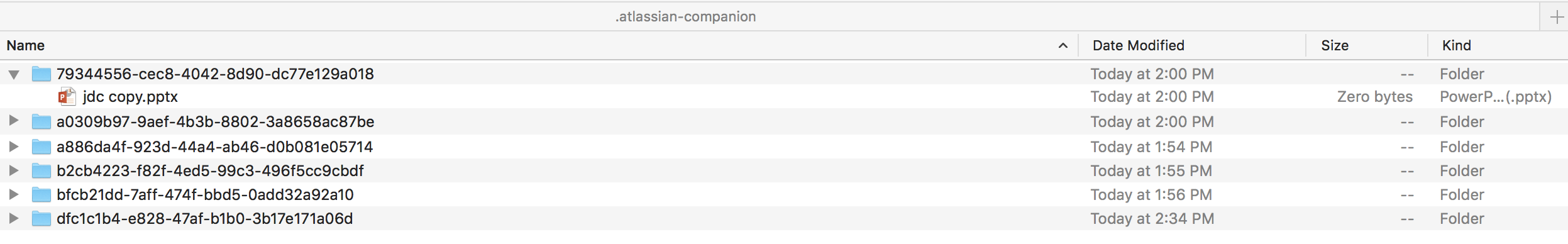 Screenshot showing a folder called .atlassian-companion in OS X. There are 7 subfolders and one of the subfolders contains PPTX file