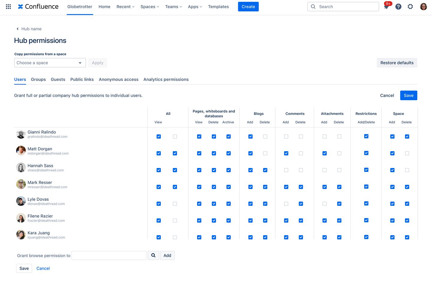 A view of hub permissions screen in edit mode