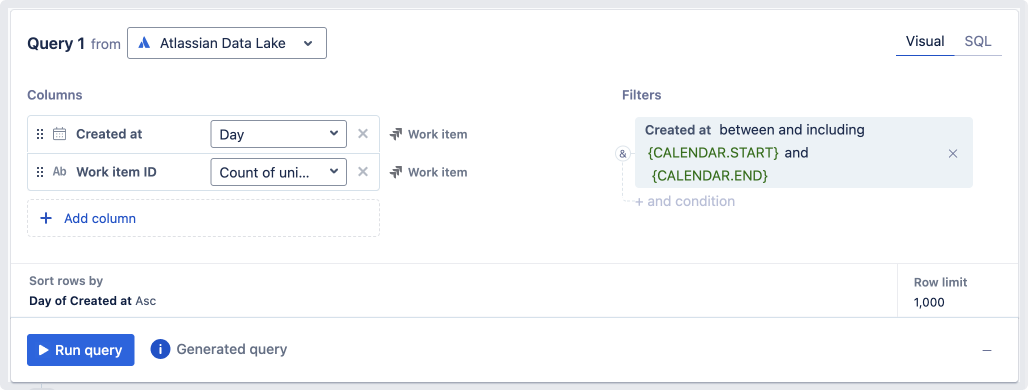 Using a Calendar control to filter the Created At column in a visual mode query.