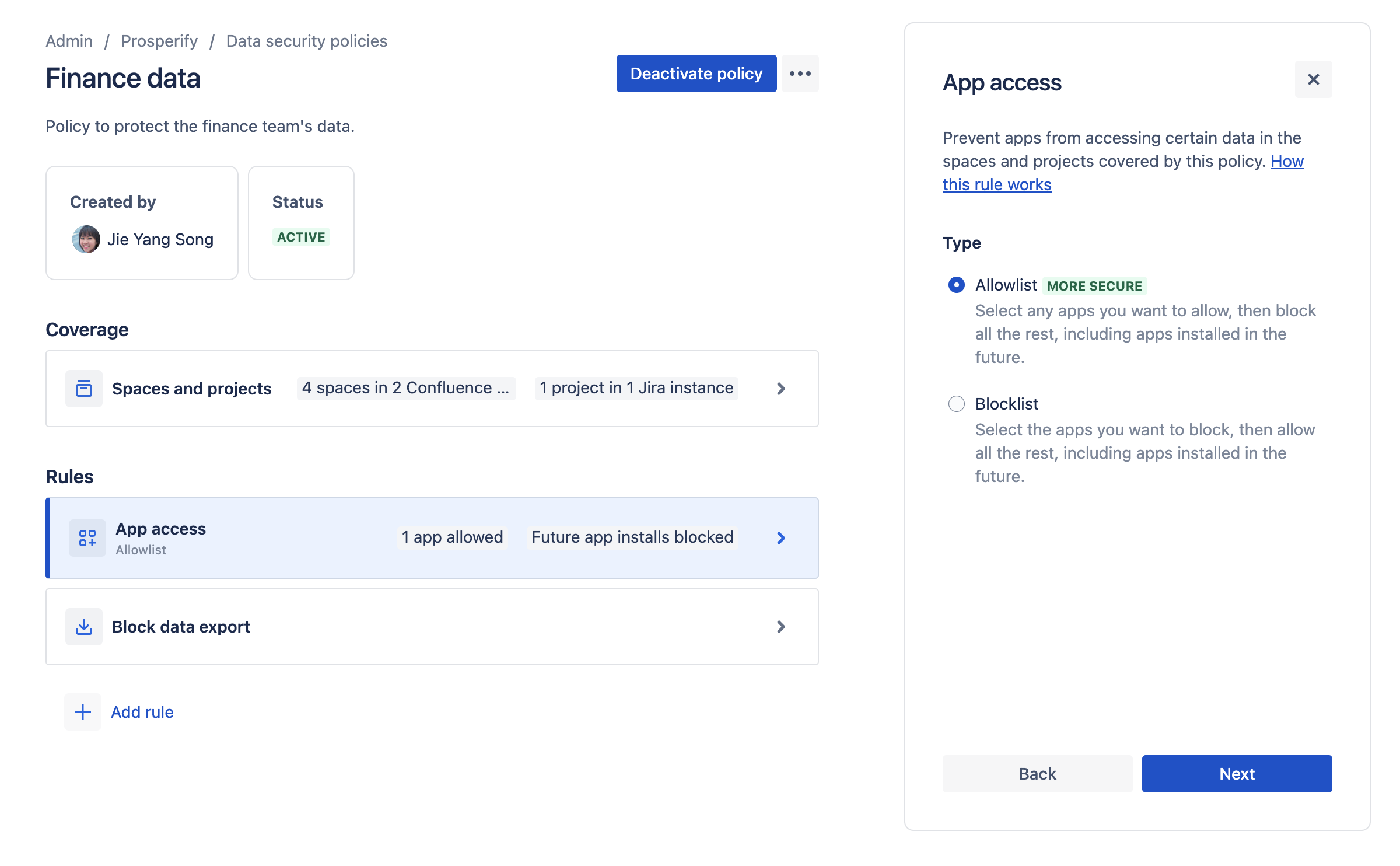 Data security policy configured to use an allowlist