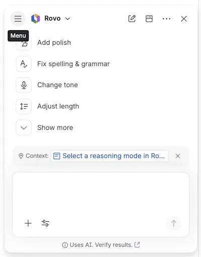 Rovo Chat window is empty. Above it is a list of available actions. The hamburger menu is highlighted in the top-left corner.