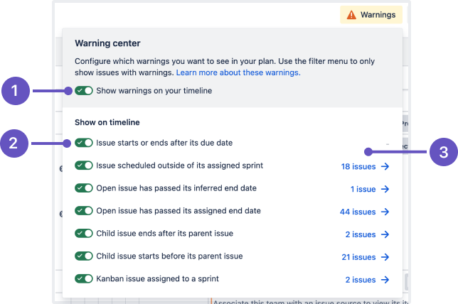 The warning center in Advanced Roadmaps for Jira Software Cloud