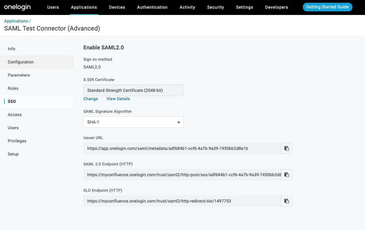 Screenshot showing the OneLogin SO configuration values. There are values for 'Issuer URL' and 'SAML 2.0 Endpoint'