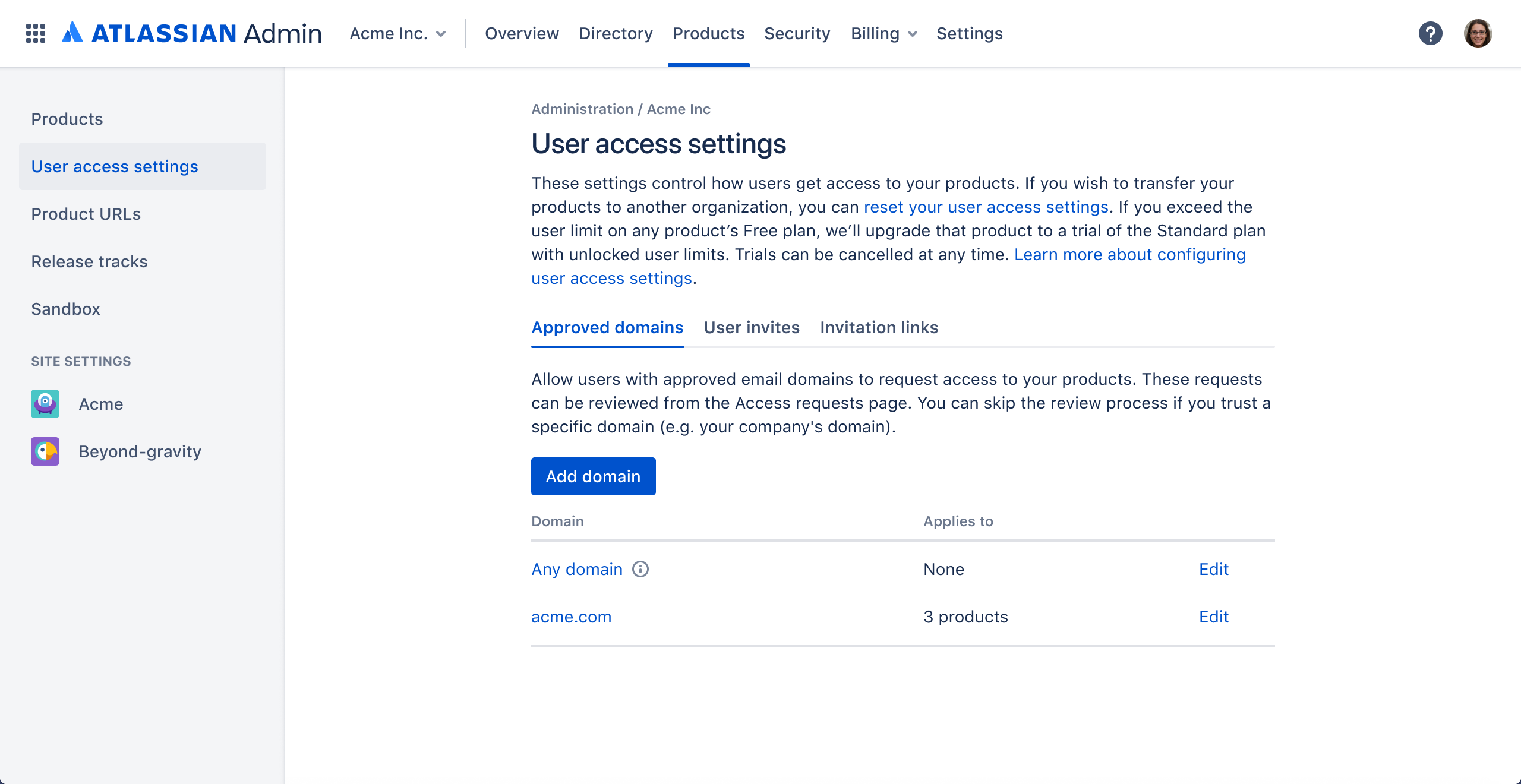 Product, User access settings, Approved domains