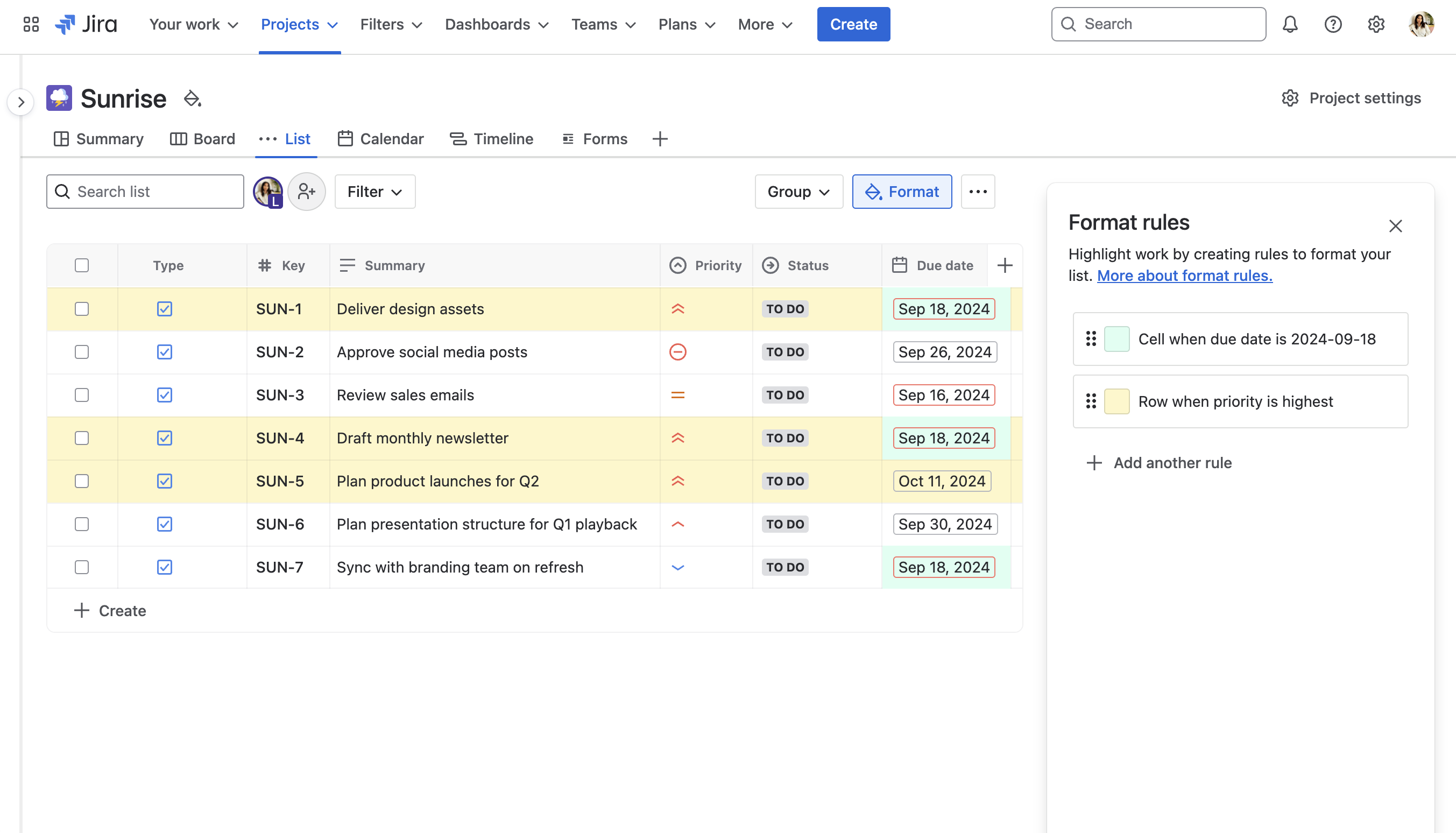 Screenshow of saved format rules where green cell rule is above yellow row rule