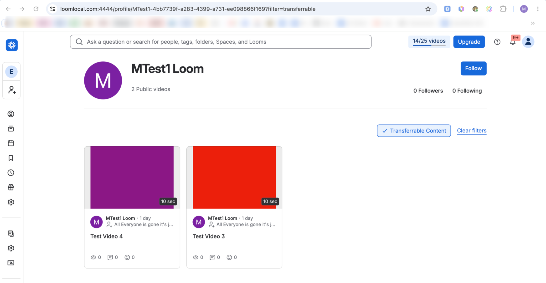 Profile page of a video sharing platform showing two public test videos