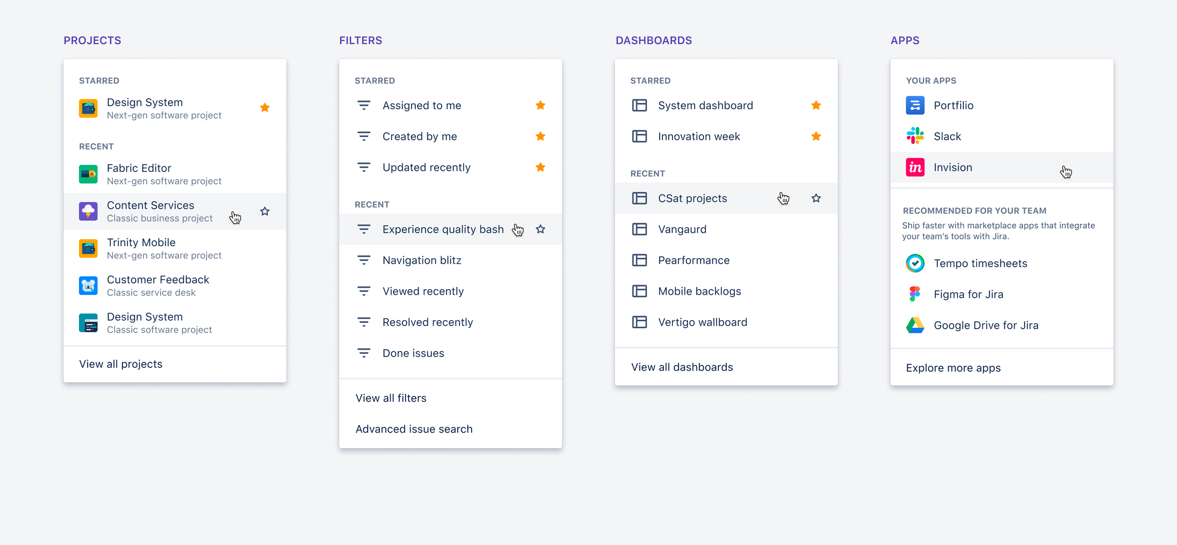 The navigation menus in Jira (projects, filters, dashboards, and apps)