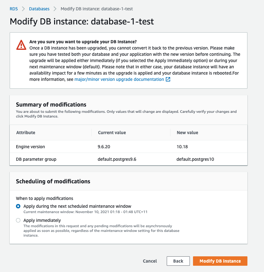 Screen to confirm modifications to the DB instance