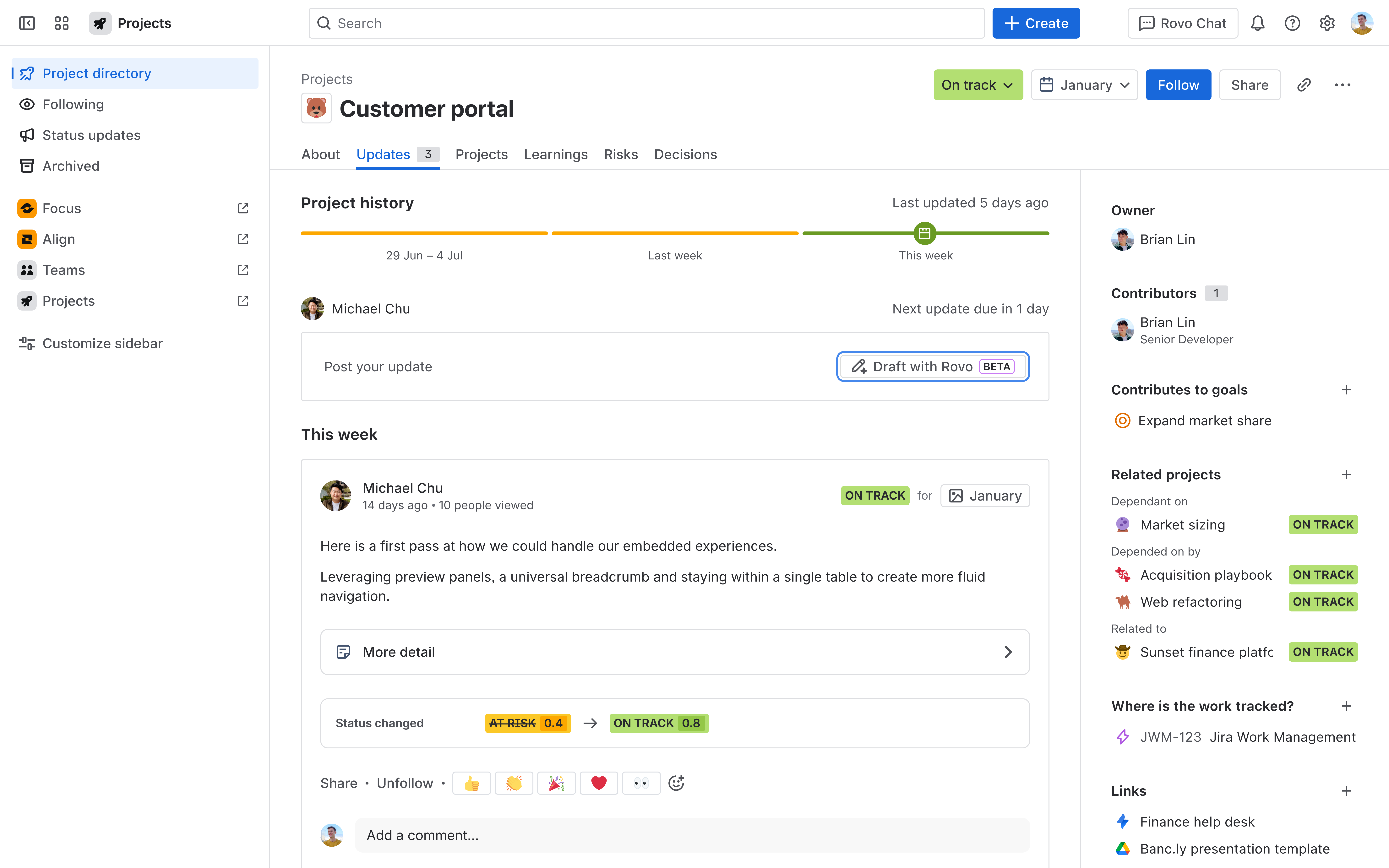Project updates tab showing the Draft with Rovo button highlighted in the update box..