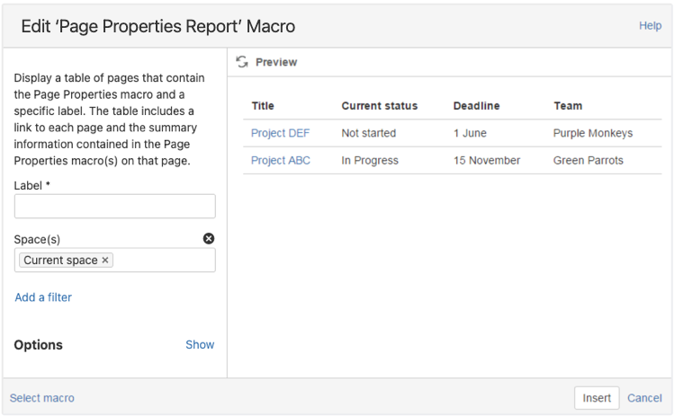 page properties report macro sort by