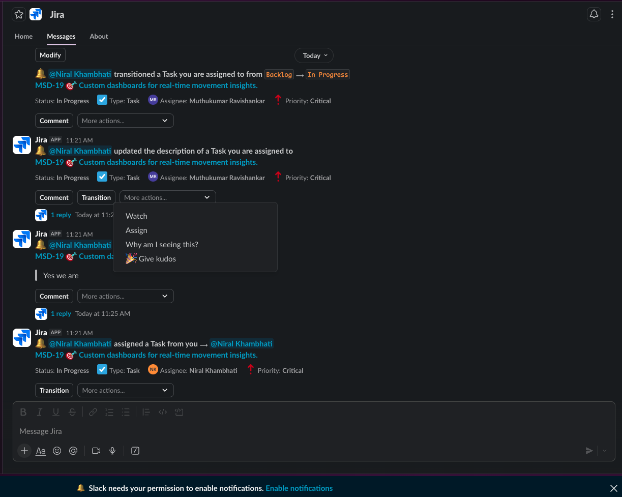 The Jira app in Slack, showing what actions are available from a personal notification