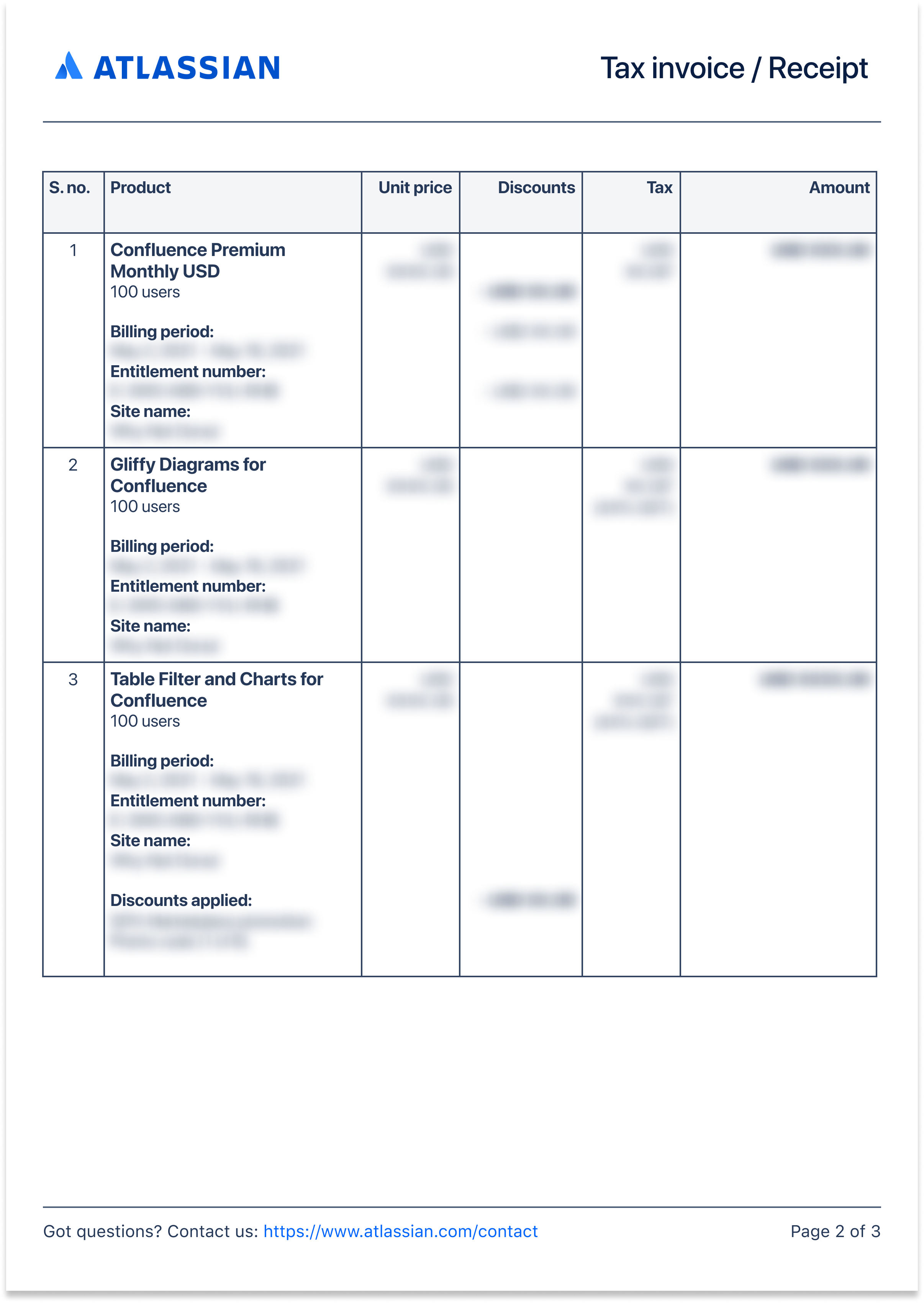 Second page of a receipt showing three products with breakdowns of each of their costs