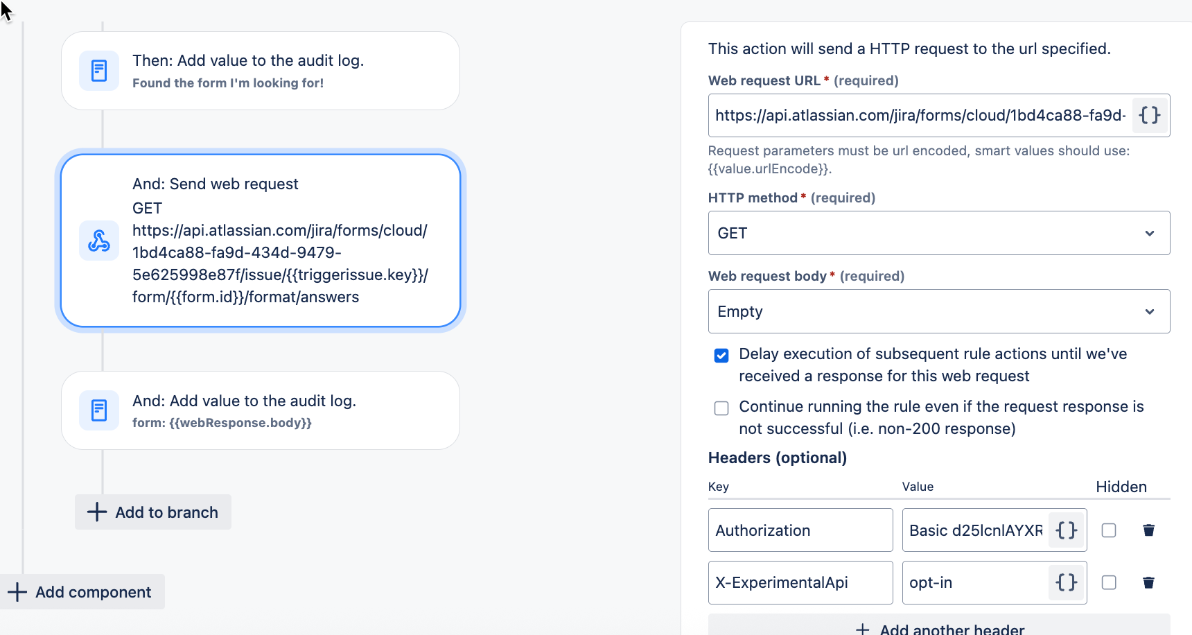 Screenshot of a "Send web request" action configuration. The action sends a GET request to a Jira Forms API endpoint. The configuration includes authorization and experimental API headers, and delays subsequent actions until a response is received.