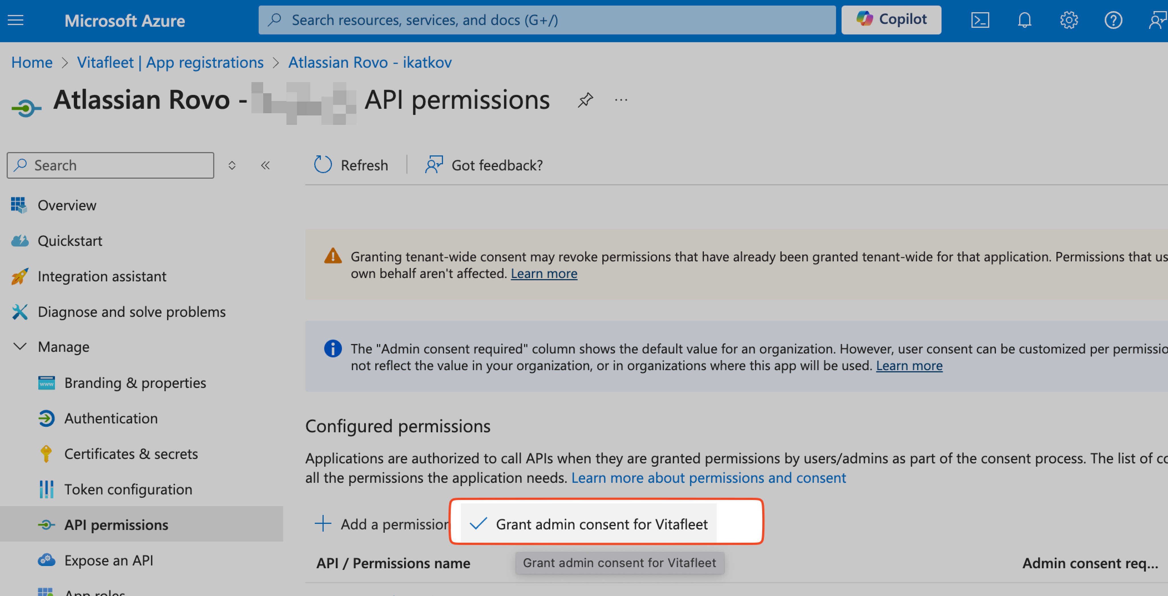 Screenshot of API permissions screen, with Grant admin consent for <workspacename> highlighted