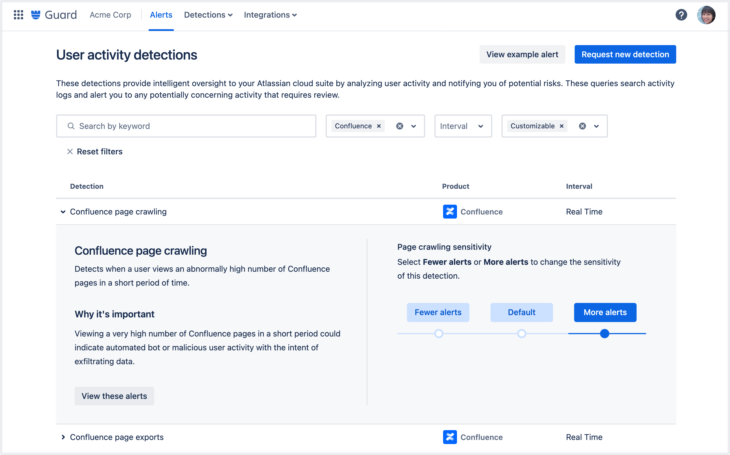 User activity detections screen showing a rule customized to send fewer alerts