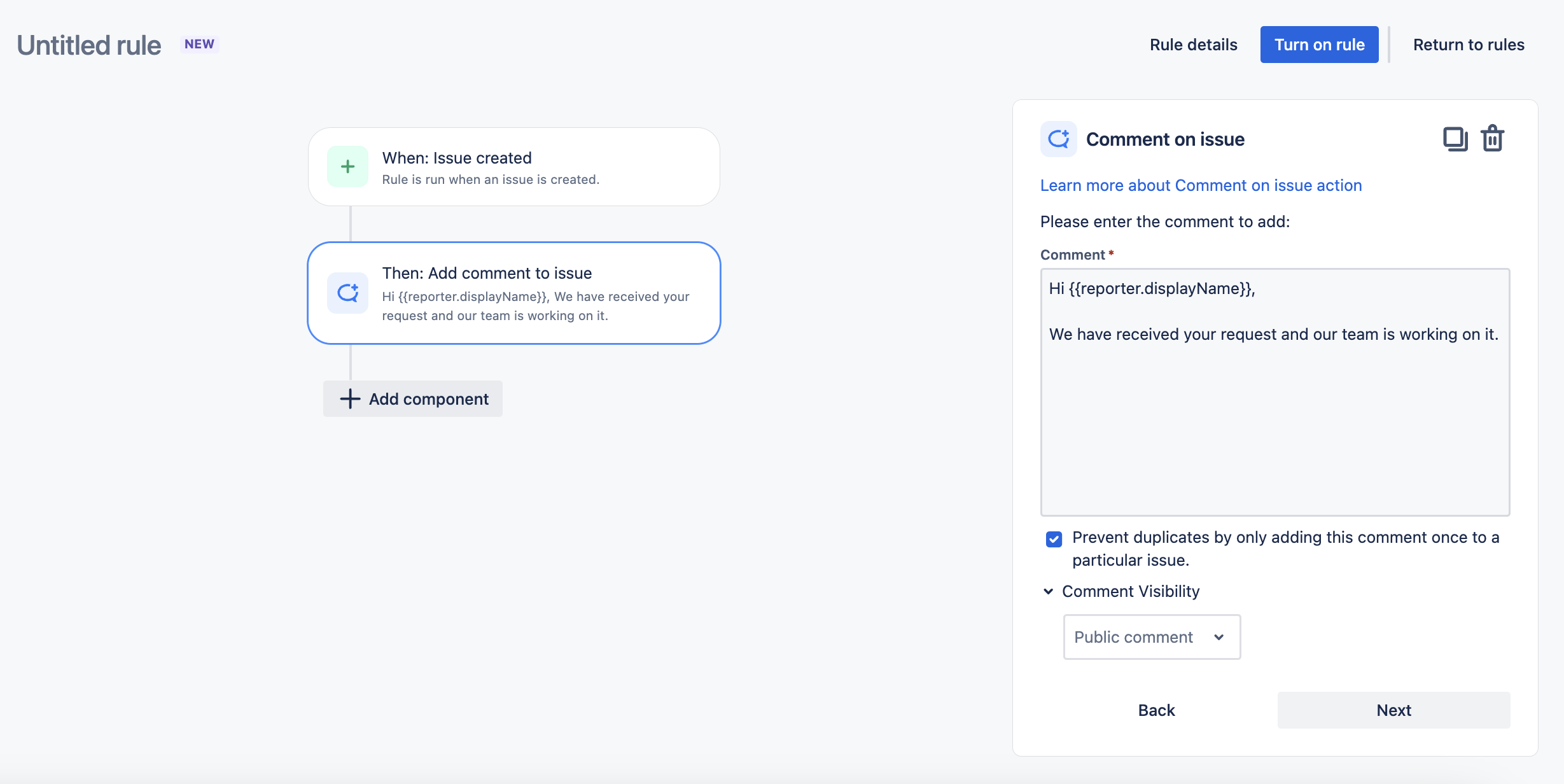 Automation rule with a comment on issue action