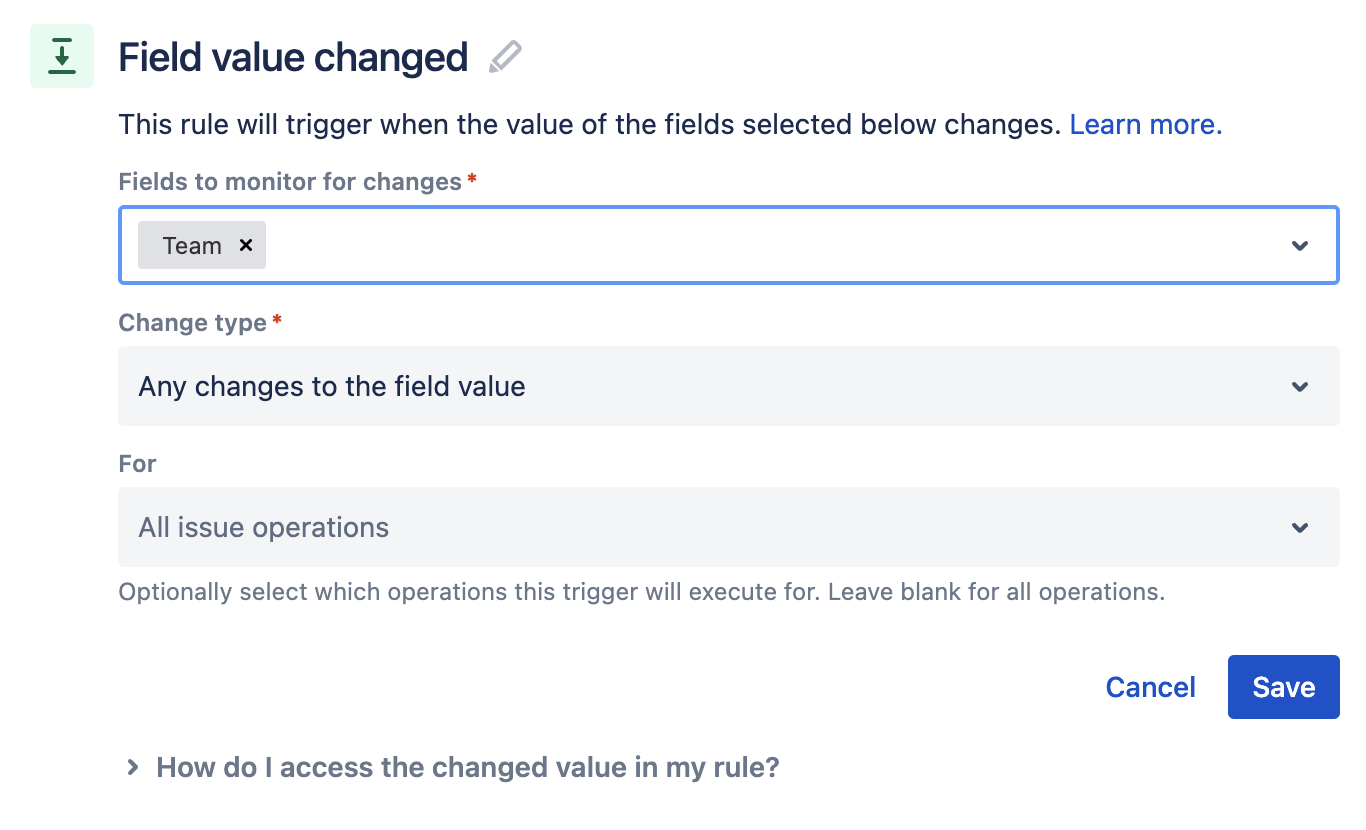 Team を使用した Jira 内の自動化フローはトリガーによって変わります。