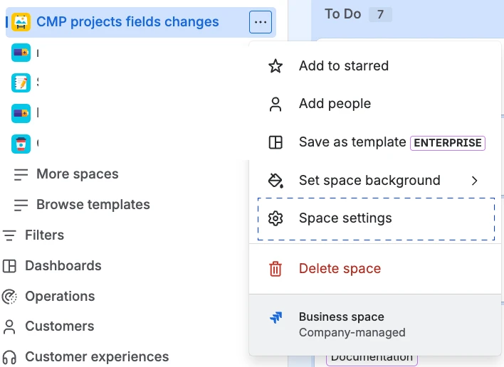 The space settings menu