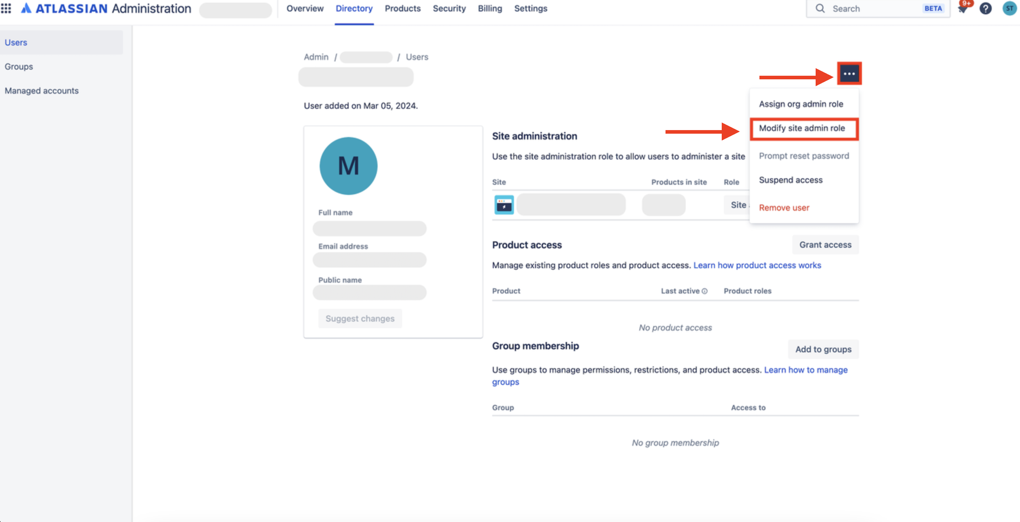 Screenshot showing the menu option to 'Modify site admin role' assignment for a specific user. The menu option is located in the ... menu on the user's site account profile in the Users page