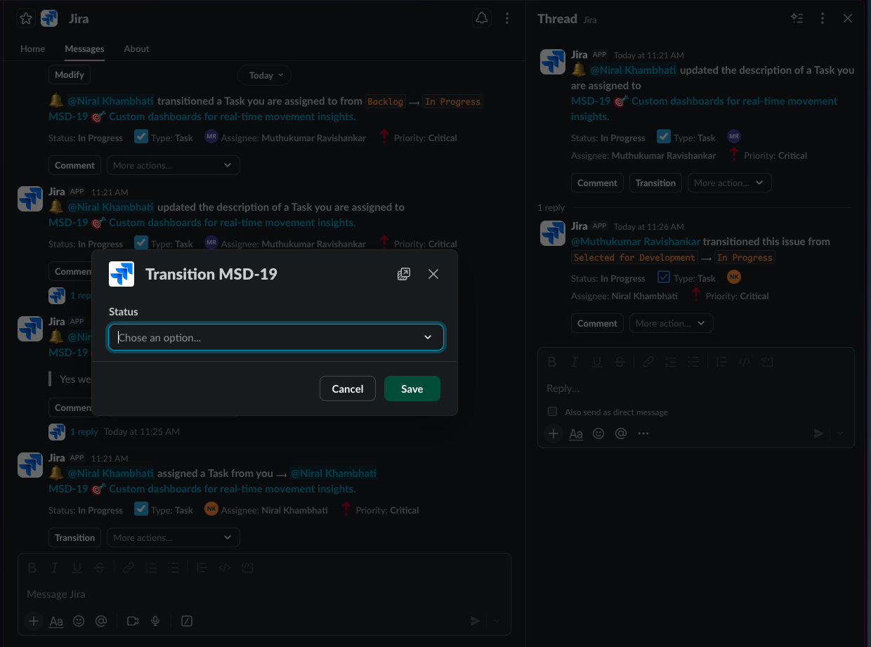 The Jira app in Slack, showing a work item transition from a notification