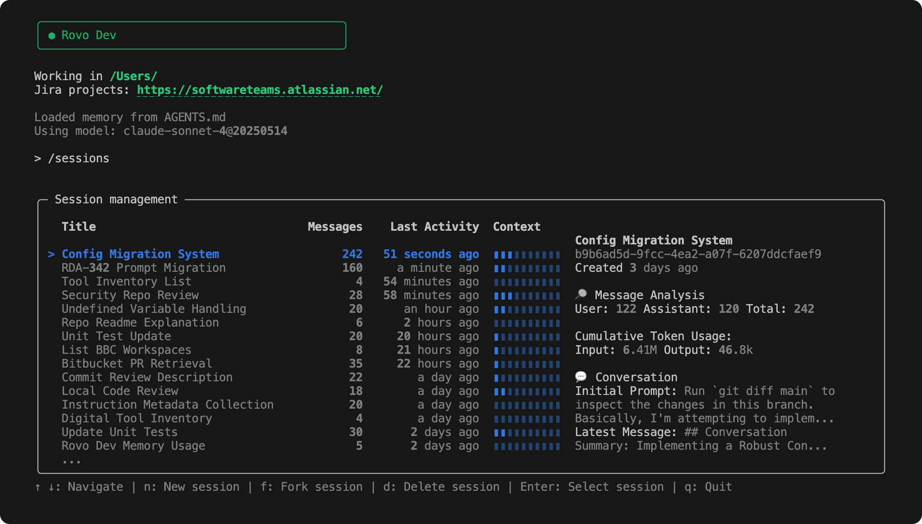 Rovo Dev has an interactive menu for displaying session status
