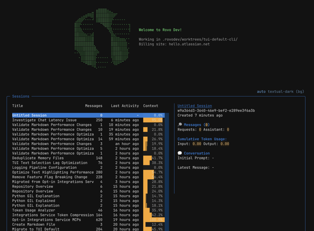 Rovo Dev has an interactive menu for displaying session status