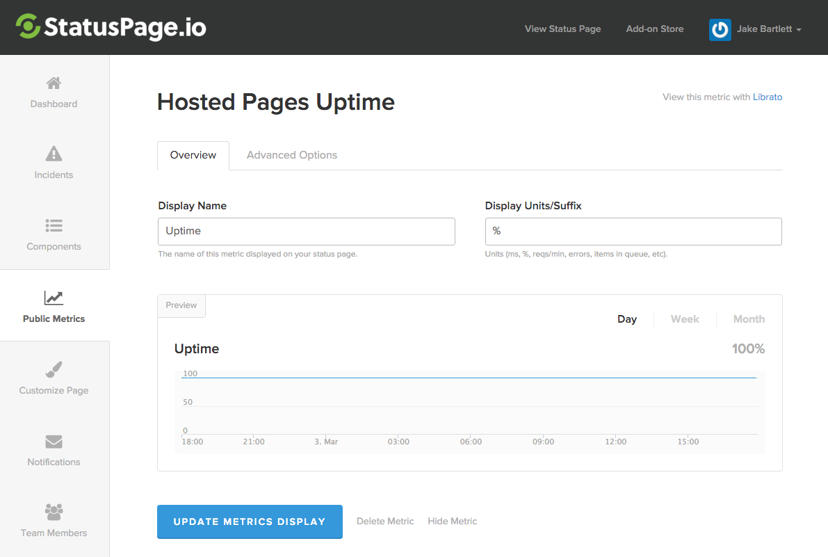 Statuspage で Librato 指標を編集する方法の画像