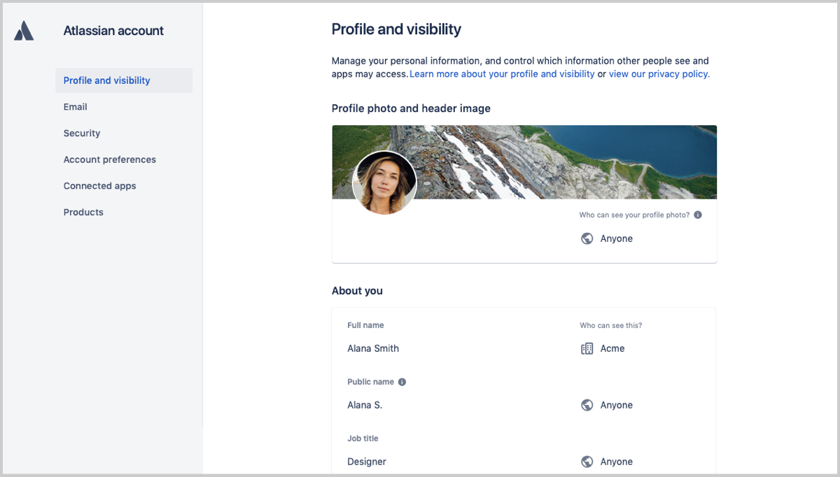 Profile and visibility screen. Shows editable profile photo and header image. Has full name, job title, etc.