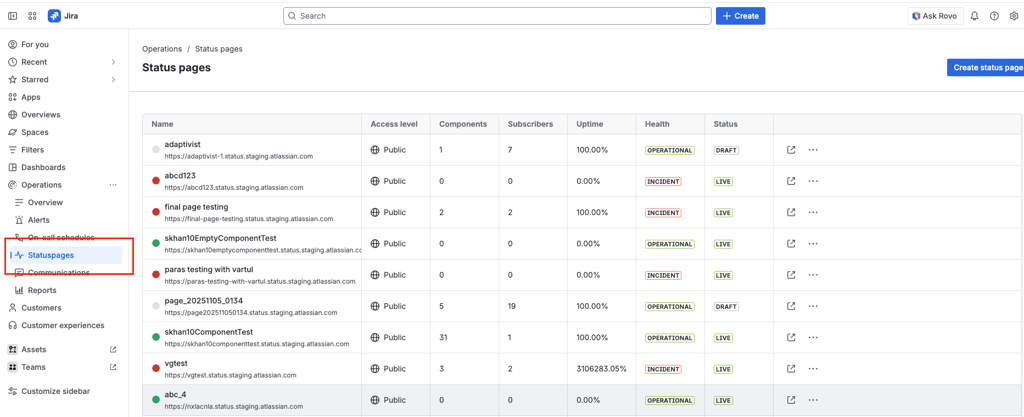 Status page creation in JSM