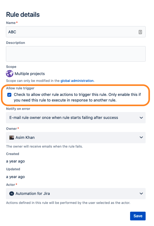 Rule details with Check to allow other rule actions to trigger this rule option checked.