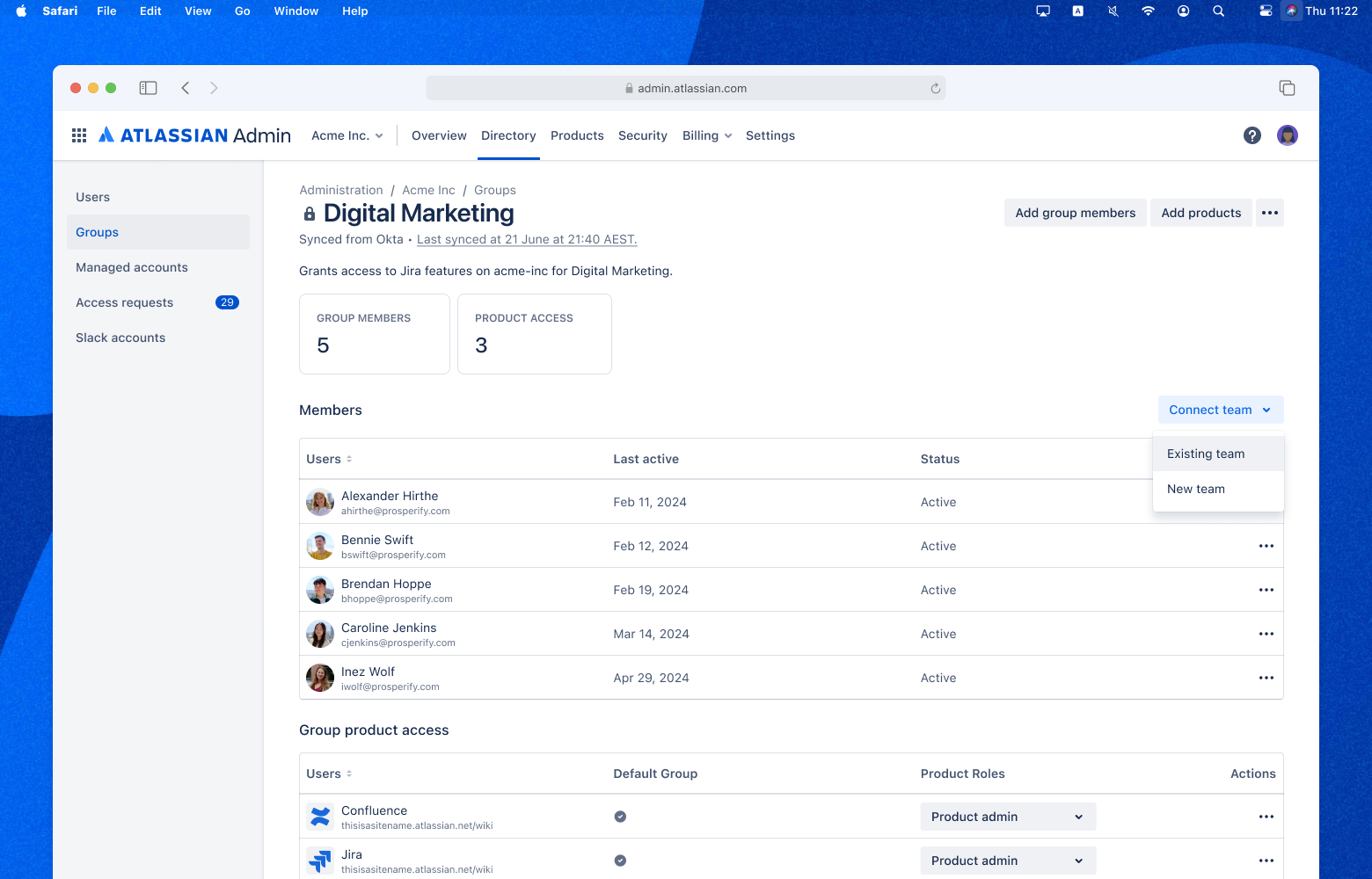 Group page in Atlassian Administration showing how to connect a team to the group.