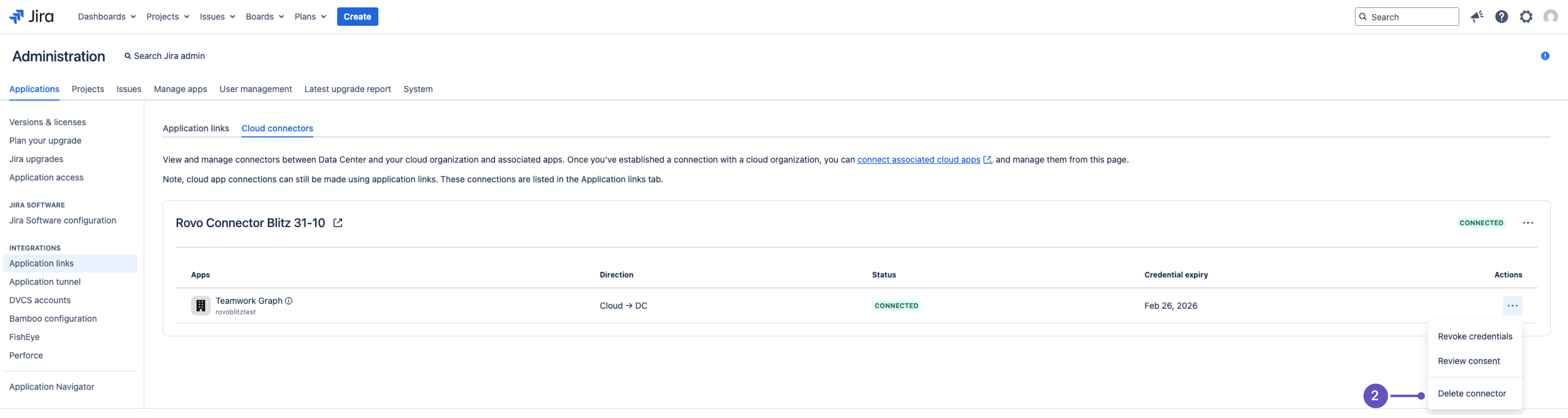 Cloud connectors screen in Data Center with option to delete connector