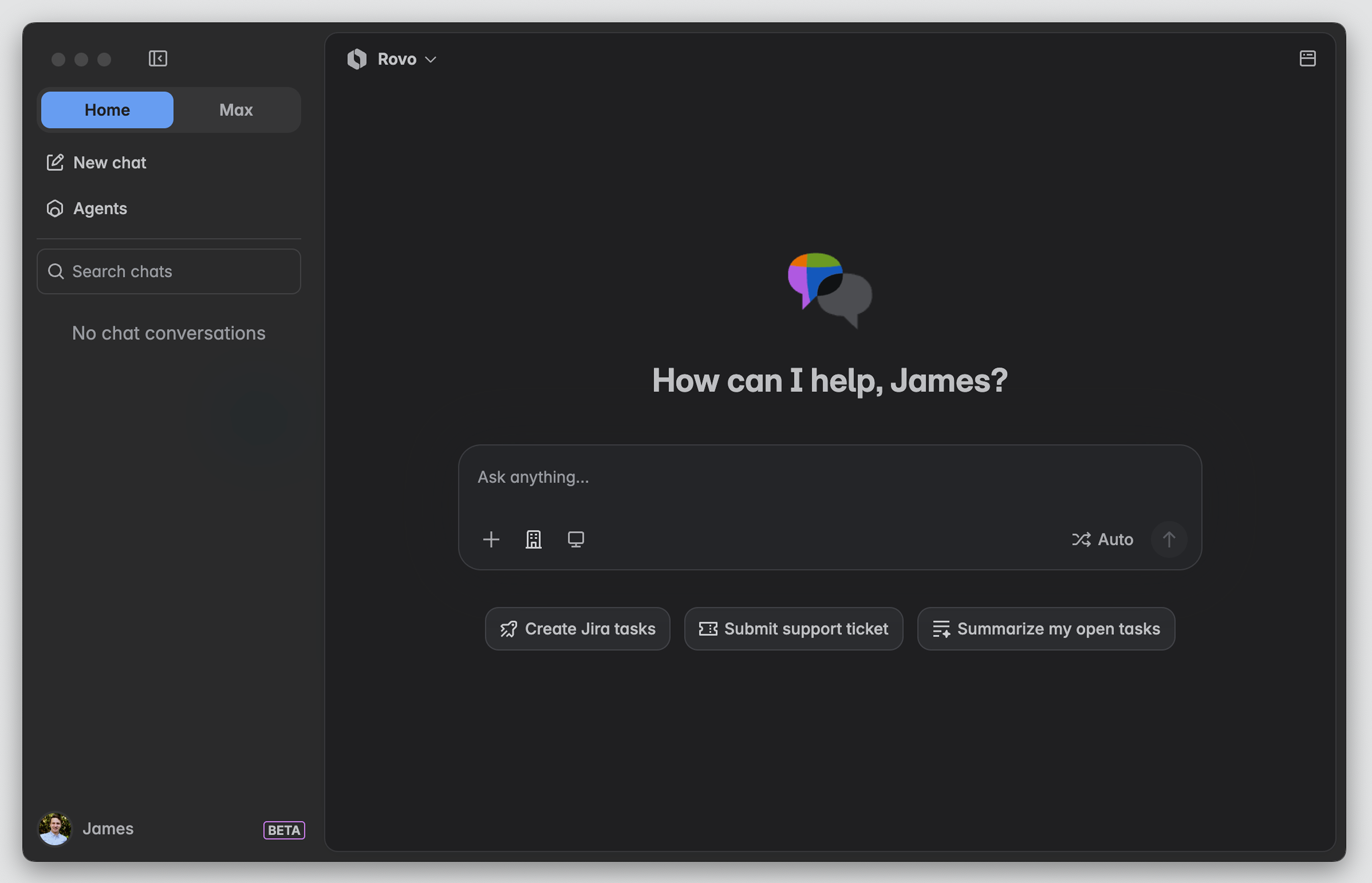 The Rovo desktop app home screen. Includes an empty state screen with "how can I help, James" and a large prompt box.