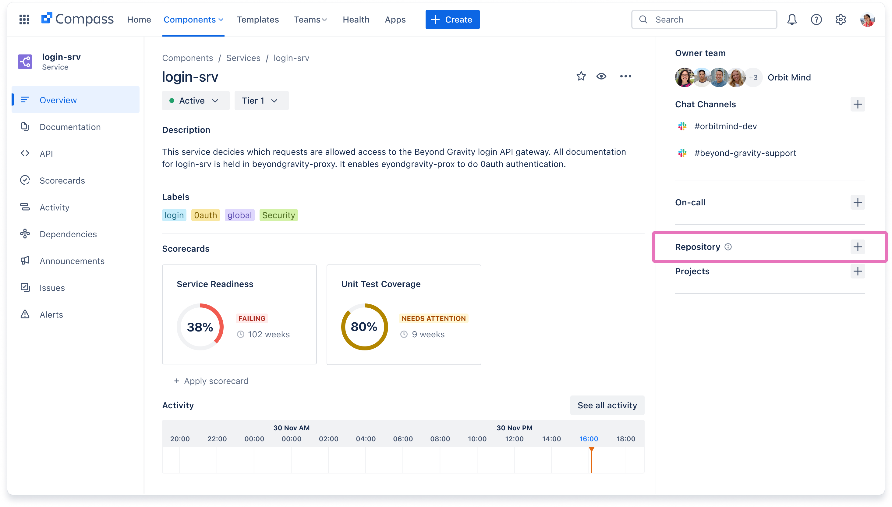 コンポーネントと同等の Bitbucket リポジトリ リンクを追加する場所にフォーカスが当たっている、Compass コンポーネントの [概要] ページ。