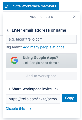 Invite Workspace members lists various options for inviting others such as by email or invite link
