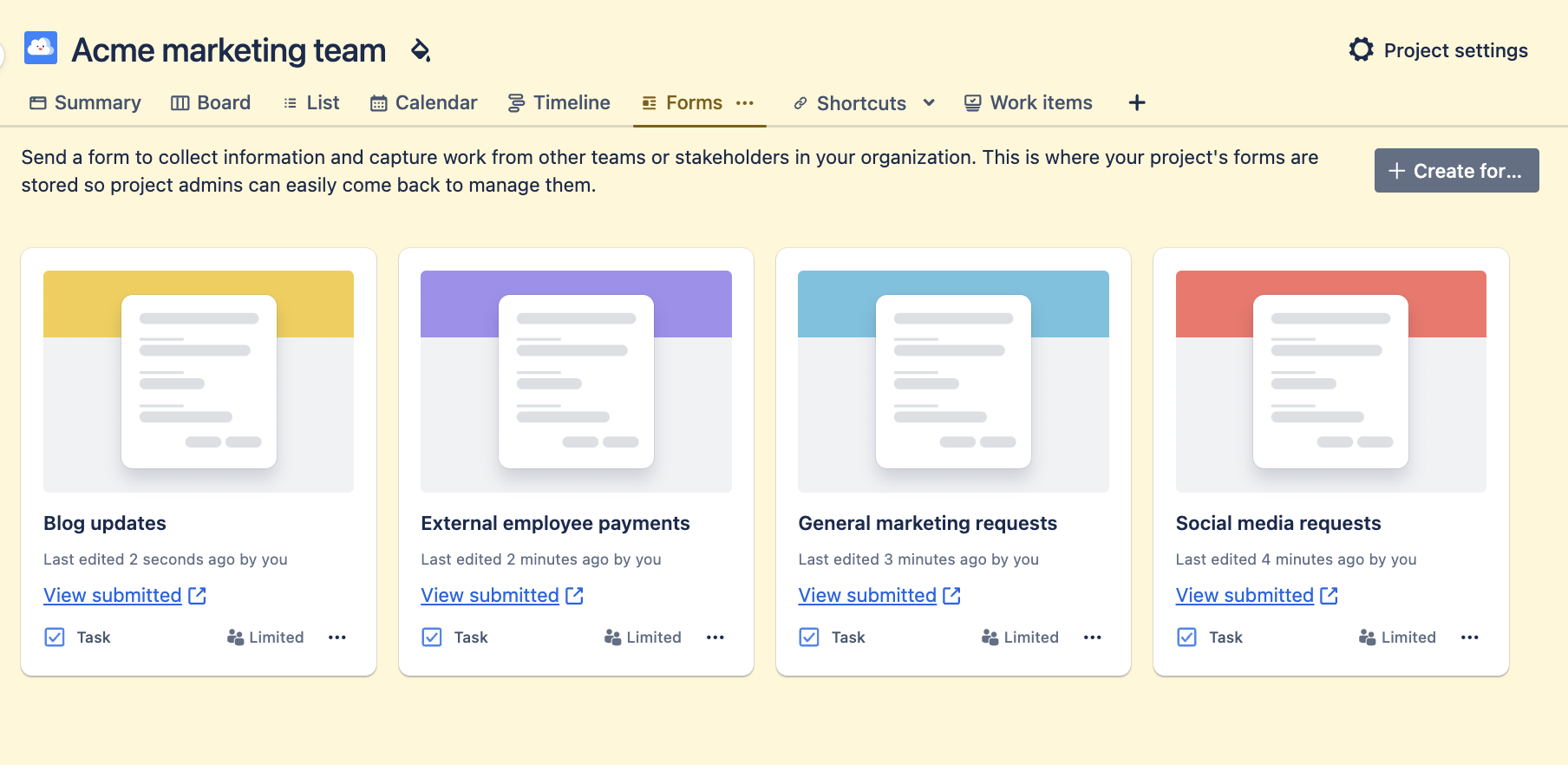 Form view with four current forms for Acme marketing team